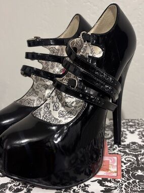 Bordello Black Triple-Strap Platform Heels